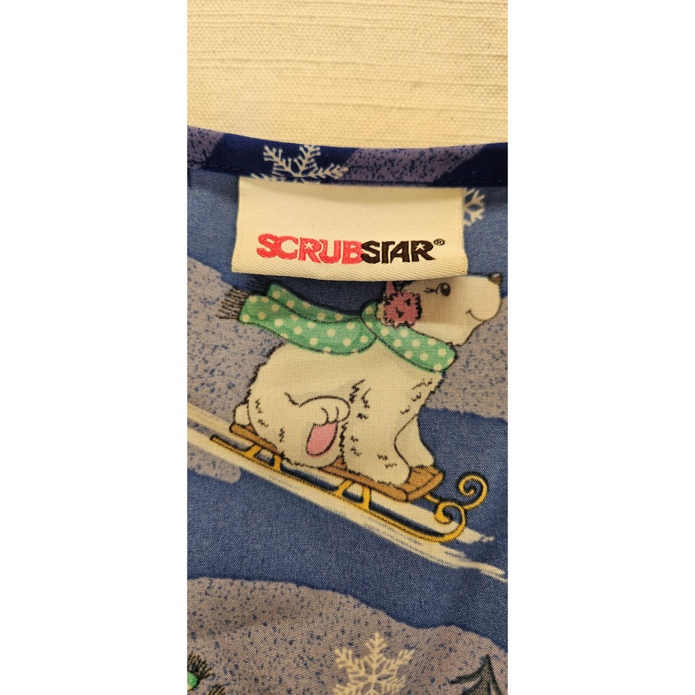 Scrubstar Womens Blue Winter Polar Bear Penguin Skiing Scrub Top V-Neck XL - Picture 6 of 8
